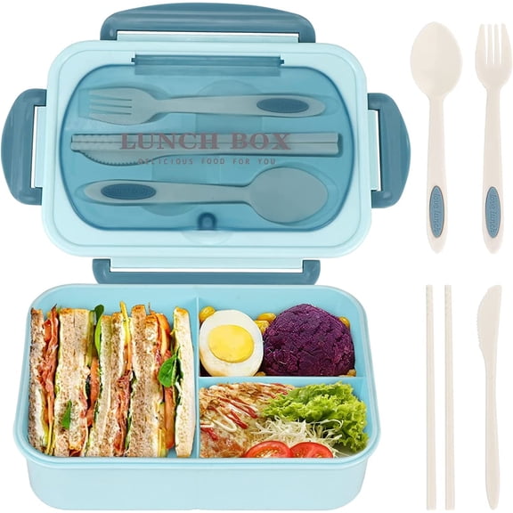 Bento Box for Adult, 1200 ML Lunch Containers for Adults, LeakProof Lunch Box with Utensils, BPA Free, 3 Compartment Bento Box Microwave Safe,Blue