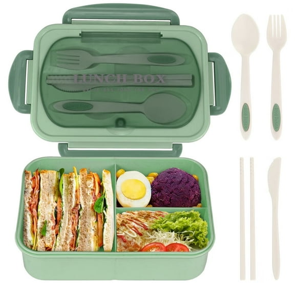 Bento Box for Adult,1200 ML Lunch Containers for Adults,LeakProof Lunch Box with Utensils,BPA Free,3 Compartment Bento Box Microwave Safe,Green