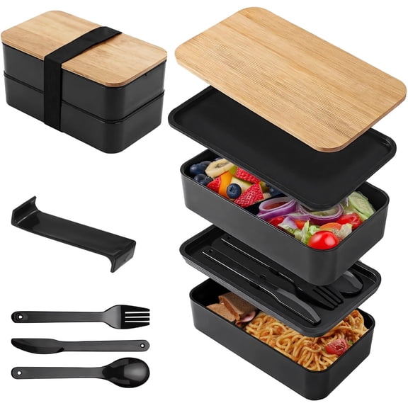 2-Tier Bento Box with Wooden Lid, 40oz Adult Lunch Container with Utensils and Divider, Microwave and Dishwasher Safe (Excl. Wood Lid), Food Container for Office, Travel, Picnic