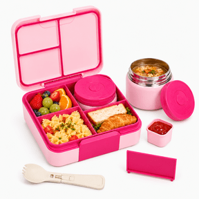 MEHOOM Kids Lunch Box with Thermos Food Jar, Bento Box for Kids with Removable Tray, Adjustable Divider, Soft Fork, Leak-Proof School Lunch Box for Daycare, Picnic, Travel, Pink