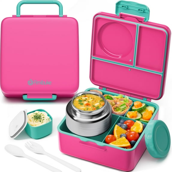 Bento Box with Thermos, 60OZ Bento Lunch Box Container with Leakproof 8OZ Insulated Food Jar, 3-4 Compartments, Sauce Jar, Utensils, Fuchsia & Teal