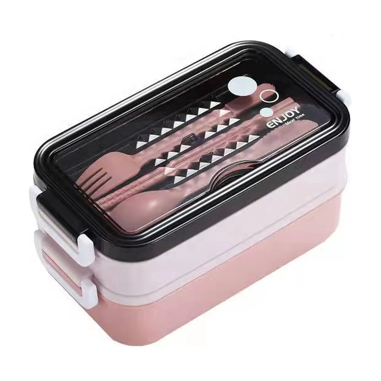 Bento Box with Utensils, Food-Grade Plastic Lunch Container Microwavable Double-Layer Design for Office Car Travel - Pink