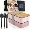 thumbnail image 1 of Bento Box for Adults with Compartments, Leakproof & Stackable Lunch Container, Microwave Safe, Includes Cutlery & Bamboo Lid, BPA-Free, Dishwasher Safe, Pink, 1 of 9