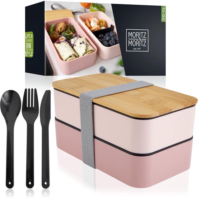 Bento Box for Adults with Compartments, Leakproof & Stackable Lunch Container, Microwave Safe, Includes Cutlery & Bamboo Lid, BPA-Free, Dishwasher Safe, Pink