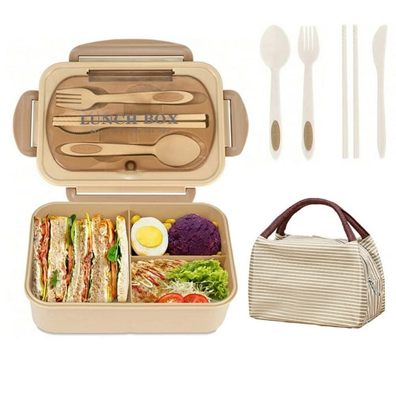 Bento Boxes,1200ML Leak-Proof Lunch Container with Lunch Bag,Spoon & Fork,Bento Lunch Box with 3 Compartment (Beige)