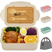 Bento Boxes, 1400ML Leak-Proof Lunch Container with Lunch Bag, Spoon & Fork, Bento Lunch Box with 3 Compartment Beige