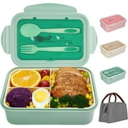Bento Boxes, 1400ML Leak-Proof Lunch Container with Lunch Bag, Spoon & Fork, Bento Lunch Box with 3 Compartment (Green)