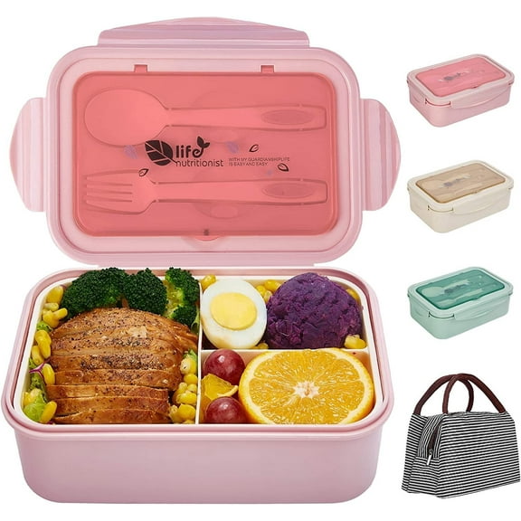 Bento Boxes, 1400ML Leak-Proof Lunch Container with Lunch Bag, Spoon & Fork, Bento Lunch Box with 3 Compartment (Pink)