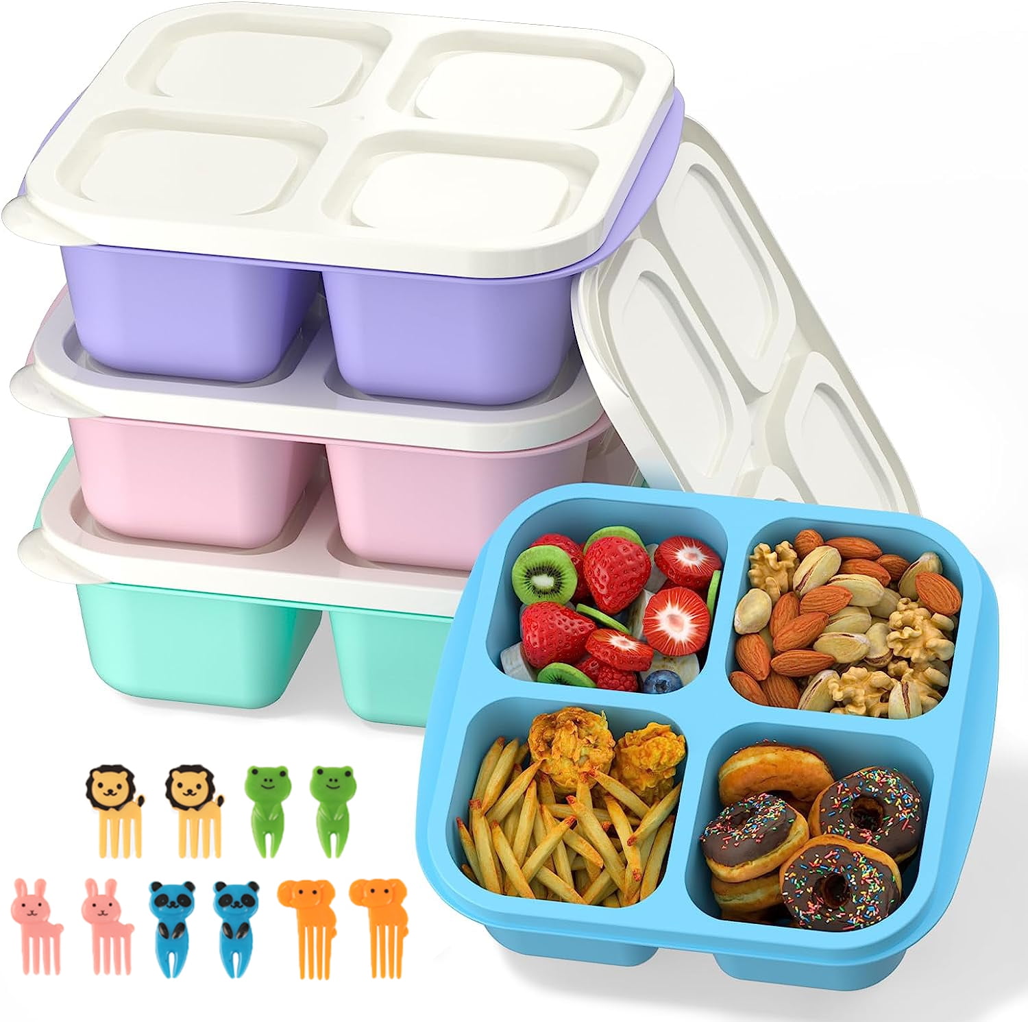 Bento Lunch Box, Reusable Bento Boxes Kids with 4 Compartments & Fork, Lunch Snack Containers for Kids Adults, Divided Food Storage Containers for