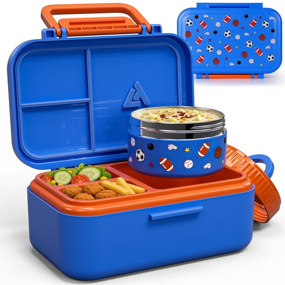 Bento Lunch Box 1283ML/ 43 oz, 3 Compartment Lunch Box with 391 ML/ 13 oz Thermal Food Jar and Ice Pack, Airtight Bento Box, Removable Tray and Handle, BPA-Free and Food-Safe Materials(Blue)