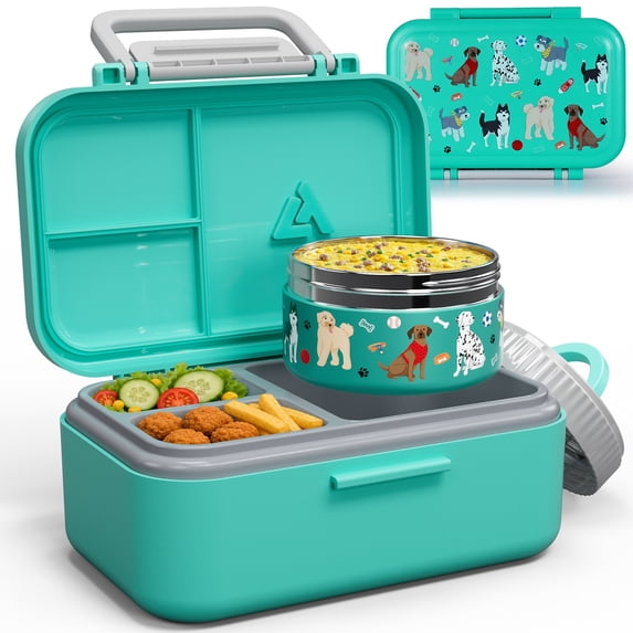 43 oz Bento Lunch Box With 13 oz Soup Bowl and Portable Ice Pack Airtight- Durable for On-the-Go Meal, 3 Compartment, Removable Tray and Handle,BPA-Free and Food-Safe Materials(Green)