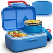 Bento Lunch Box 1283ML/ 43 oz 3 Compartment  Lunch Box with 391 ML/ 13 oz Thermal Food Jar and Ice Pack, 43 oz Airtight Bento Box, Removable Tray and Handle, Blue
