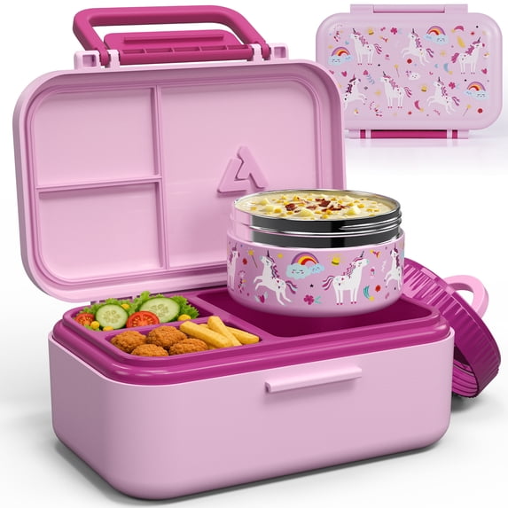 Bento Lunch Box 1283ML/ 43 oz, 3 Compartment Lunch Box with 391 ML/ 13 oz Thermal Food Jar and Ice Pack, Airtight Bento Box, Removable Tray and Handle, BPA-Free and Food-Safe Materials(Light Orchid)