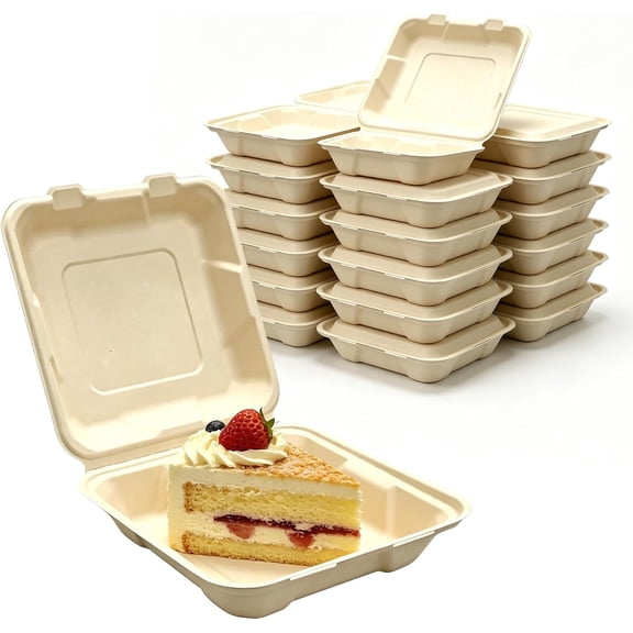 Bento Cake Box - 100% Compostable Clamshell Take Out Food Containers [6x6 100-Pack] Heavy-Duty Quality to go Containers, Eco-Friendly Biodegradable Made of Bamboo (100, 8 in)