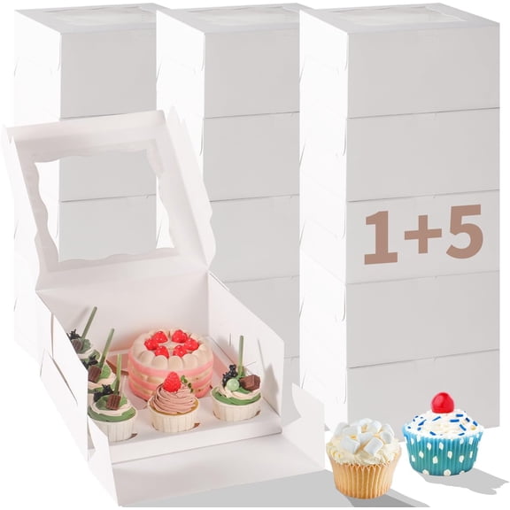 Bento Cake Box With Cupcakes, Clear Window 6 Holes Bento Combination,6 Sets: Cookie Boxes Fit 5 Regular Cupcake and Mini Cakes, Christmas Wedding Birthday Party (White/clear, 1+5/6pcs)