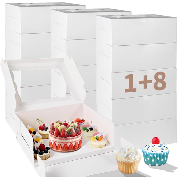 Bento Cake Box With Cupcakes, Clear Window 9 Holes Bento Combination,12 Sets: Cookie Boxes Fit 8 Regular Cupcake and Mini Cakes, Christmas Wedding Birthday Party (White/clear, 1+8/12pcs)