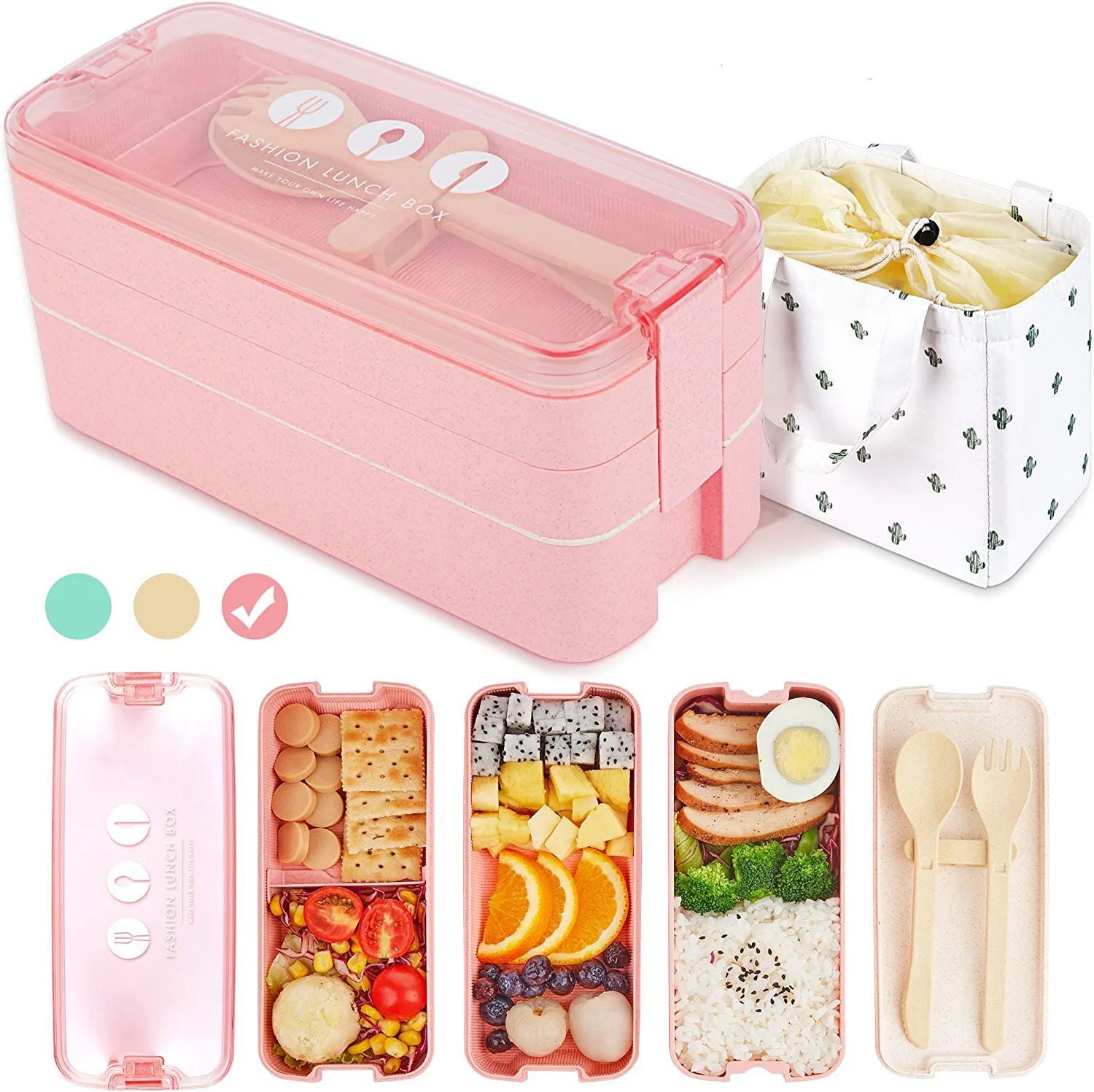 Bento Lunch Box 1100ml/38oz, 3-Layer Bento Box with Spoon & Fork for Kids  Adult & Office Worker, BPA-Free Lunch Box Leak-Proof Food Containers with  Bonus Lunch Bag (Pink) 