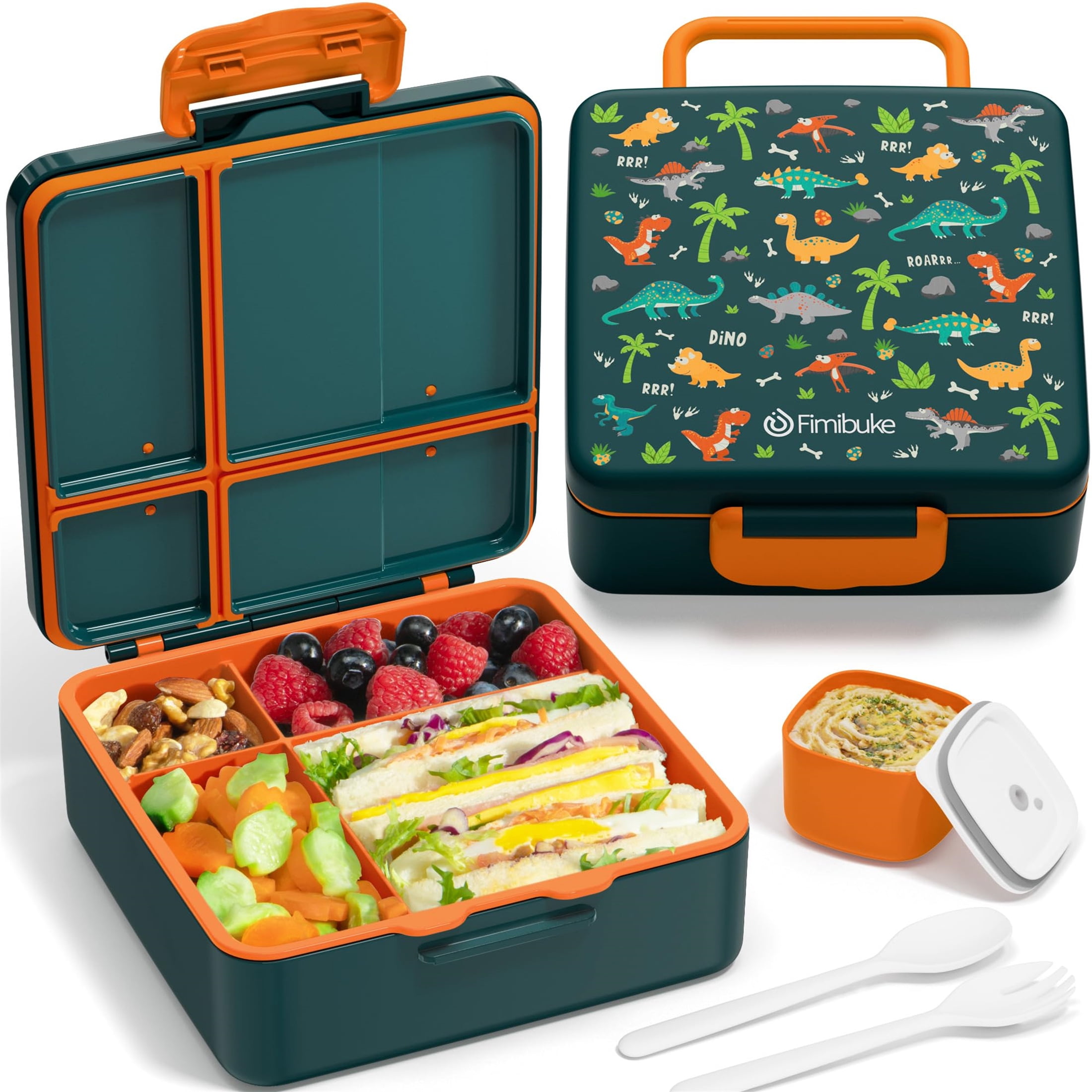 Bento Lunch Box, 40OZ Leak Proof Bento Box with 4 Compartments Lunch Container with Utensils (Green Dinosaur)