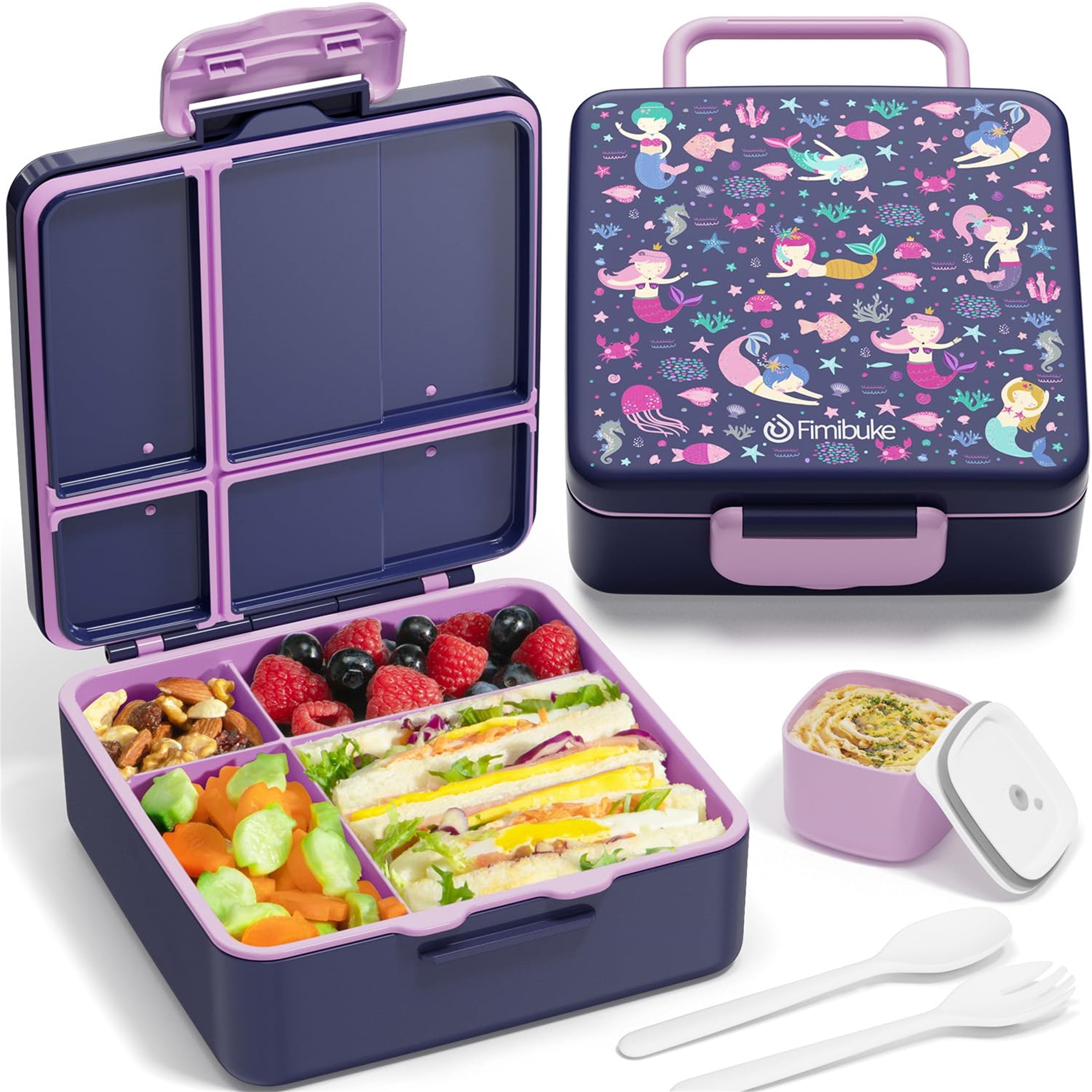 Bento Lunch Box, 40OZ Leak Proof Bento Box with 4 Compartments Lunch Container with Utensils (Mermaid)