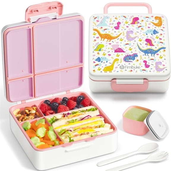 Bento Lunch Box, 40OZ Leak Proof Bento Box with 4 Compartments Lunch Container with Utensils (White Dinosaur)