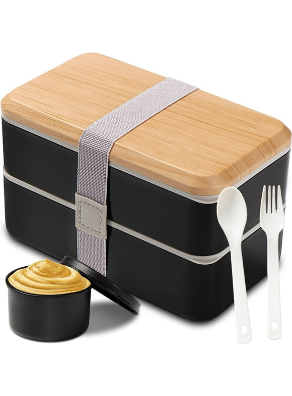 Bento Lunch Box,Adult Lunch Box with Compartments(47oz),Stackable Rectangle Lunchable Food Container with Utensil Set ,Sauce Container ,Leak-Proof Lunchbox - Black