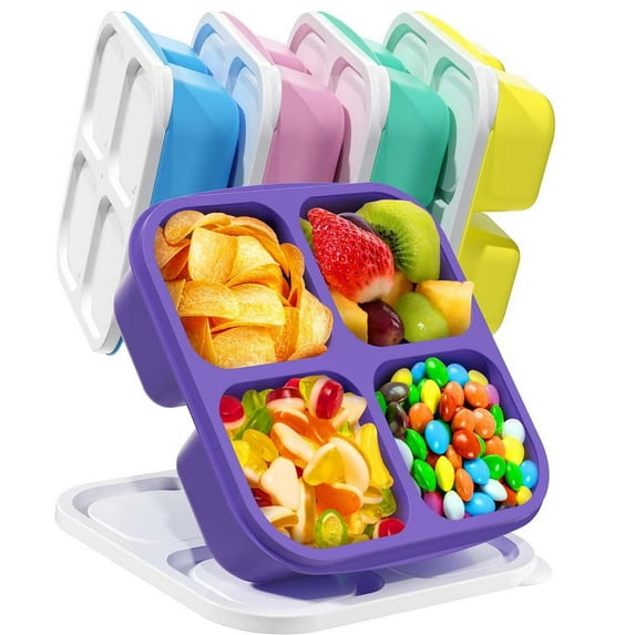 Bento Lunch Box Snack Container with Dividers,5 Pack AILKIN 600ML Bento Snack Containers for Adults Food Storage Containers Tray with Lid 4 Compartments Snackle Box for Traveling,Multicolor