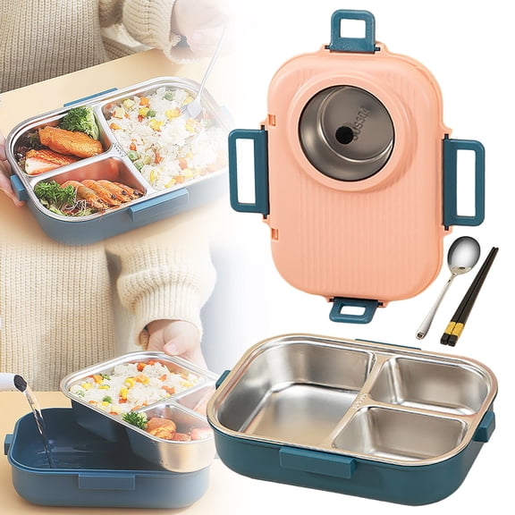 Bento Lunch Box, Heavy Duty Stainless Steel Portable Leakproof Lunch Food Containers Set with 3 Compartment for Adults with Chopsticks Spoon Soup Bowl Gift for Friends, Family, 9.06x6.3x3.54"