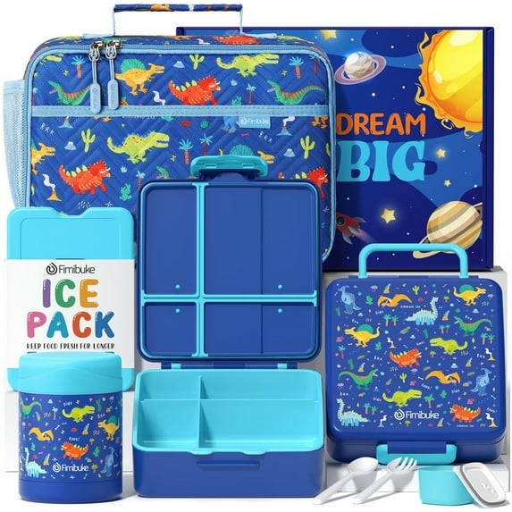 Bento Lunch Box with 12oz Soup Thermo Leak-Proof Lunch Food Container with 4 Compartment Thermo Food Jar and Insulated Lunch Bag (Blue Dinosaur)