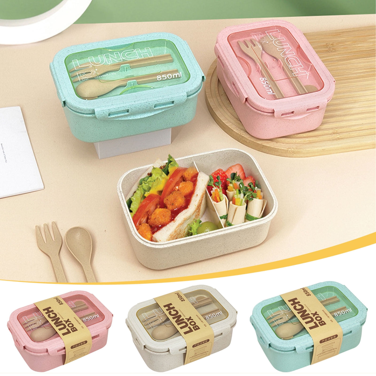 Bento Lunch Box for Kids, Wheat Straw 5.5 Cups Leakproof Adult Bento ...