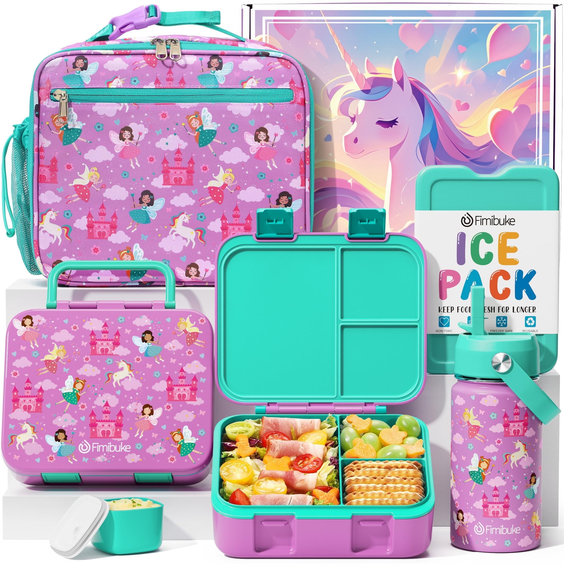 Bento Lunch Box Set - Snack Bento Box Container with 3 Compartments, Stainless Steel Water Bottle, Insulated Lunch Bag, Sauce Cup, Ice Pack Set (Daisy Rainbow)