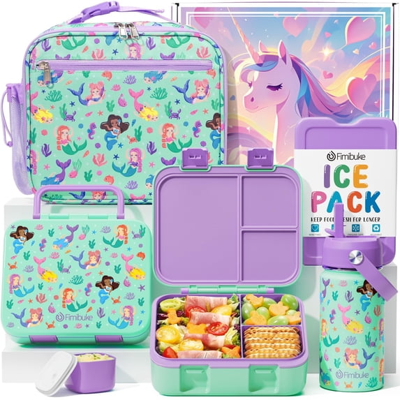 Bento Lunch Box Set - Snack Bento Box Container with 3 Compartments, Stainless Steel Water Bottle, Insulated Lunch Bag, Sauce Cup, Ice Pack Set (Mermaids)