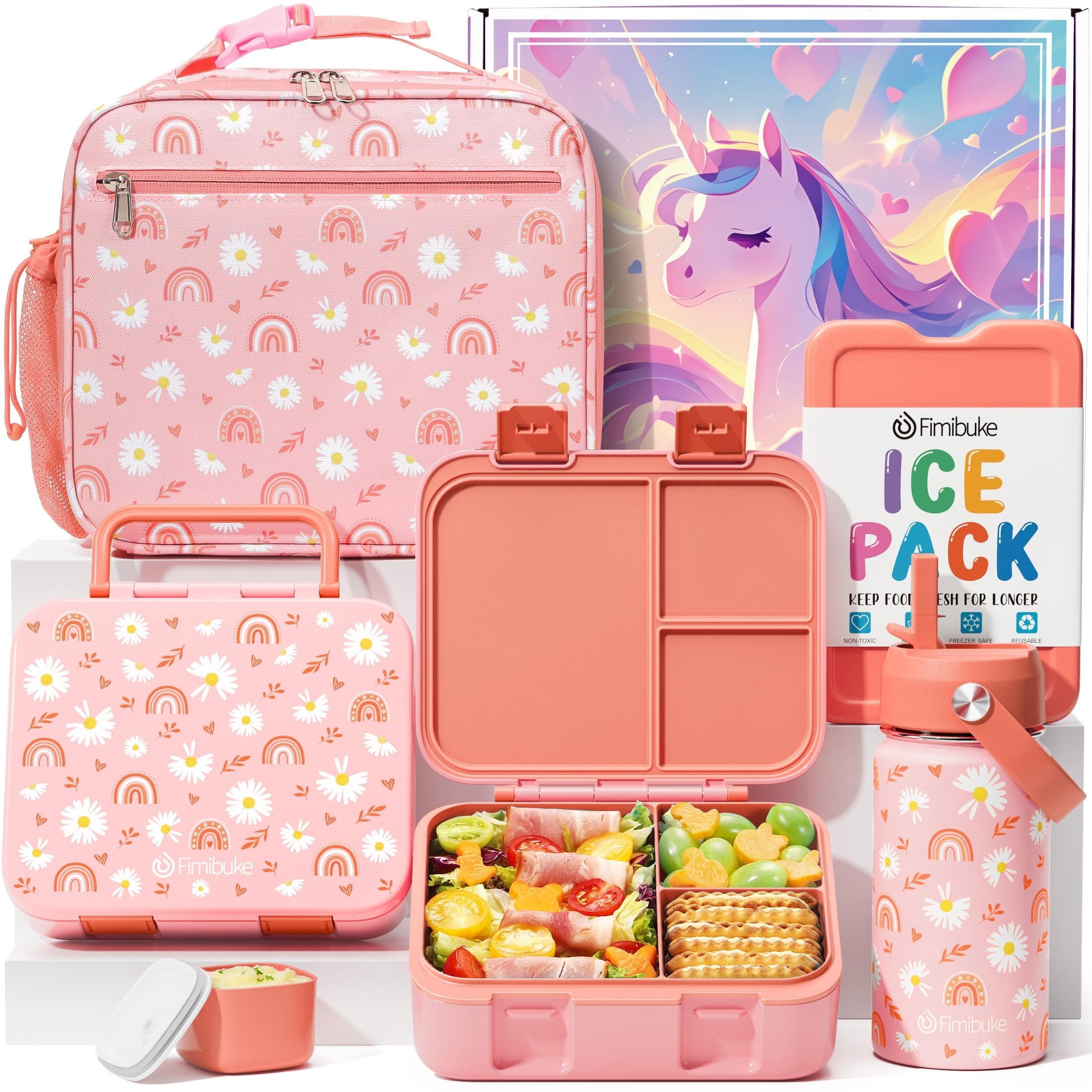 Bento Lunch Box Set - Snack Bento Box Container with 3 Compartments, Stainless Steel Water Bottle, Insulated Lunch Bag, Sauce Cup, Ice Pack Set (Rainbow & Daisy)