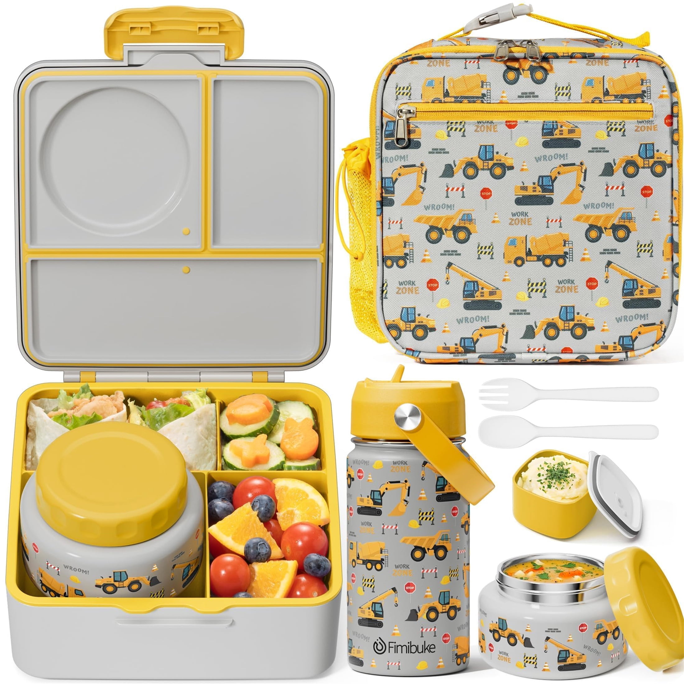 Bento Lunch Box Set for Teen Adult, Lunch Food Container 3-4 Compartment with 14 OZ Water Bottle, Food Jar, Insulated Lunch Bag, Sauce Cup, Utensils, Construction Trucks