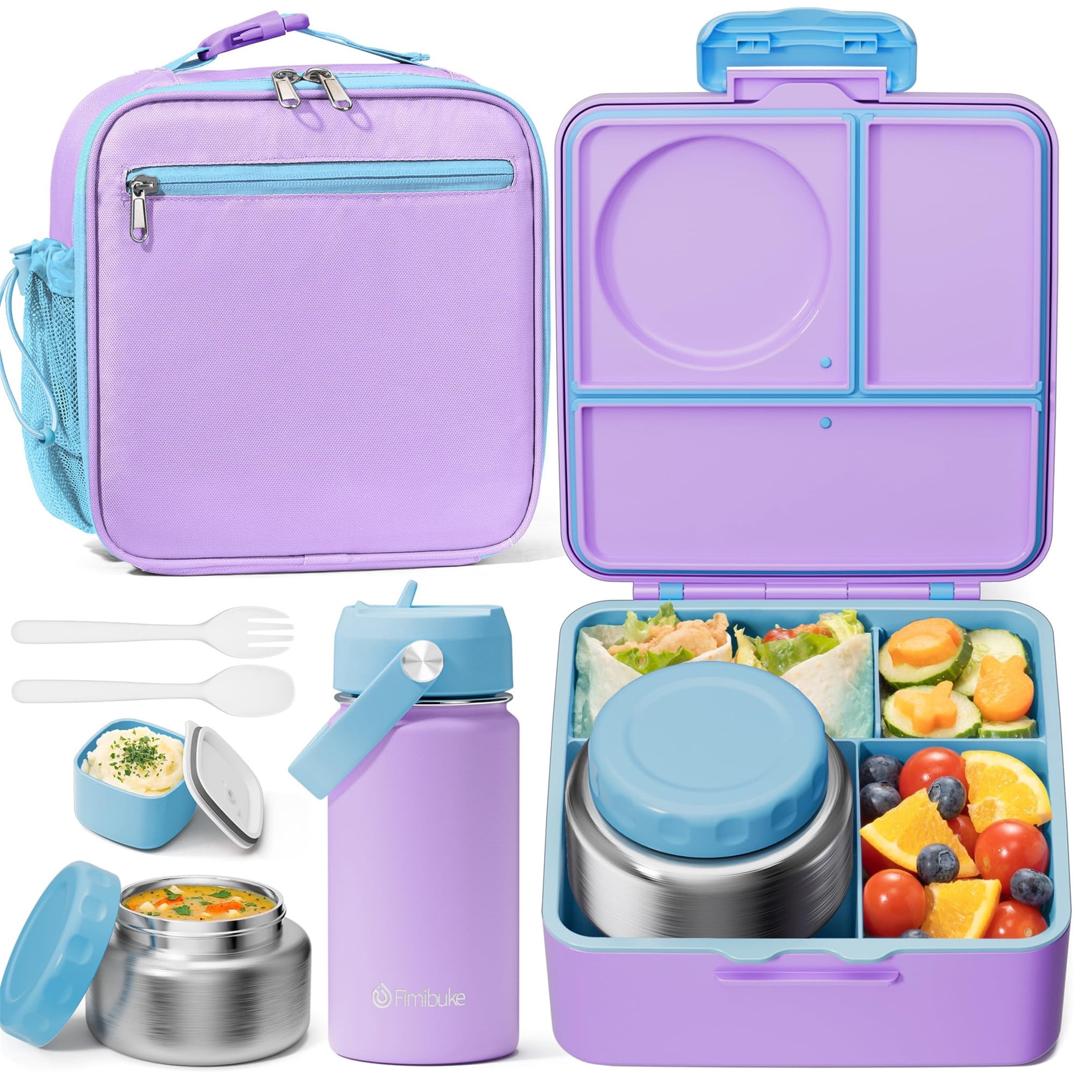 Bento Lunch Box Set for Teen Adult, Lunch Food Container 3-4 Compartment with 14 OZ Water Bottle, Food Jar, Insulated Lunch Bag, Sauce Cup, Utensils, Cotton Candy