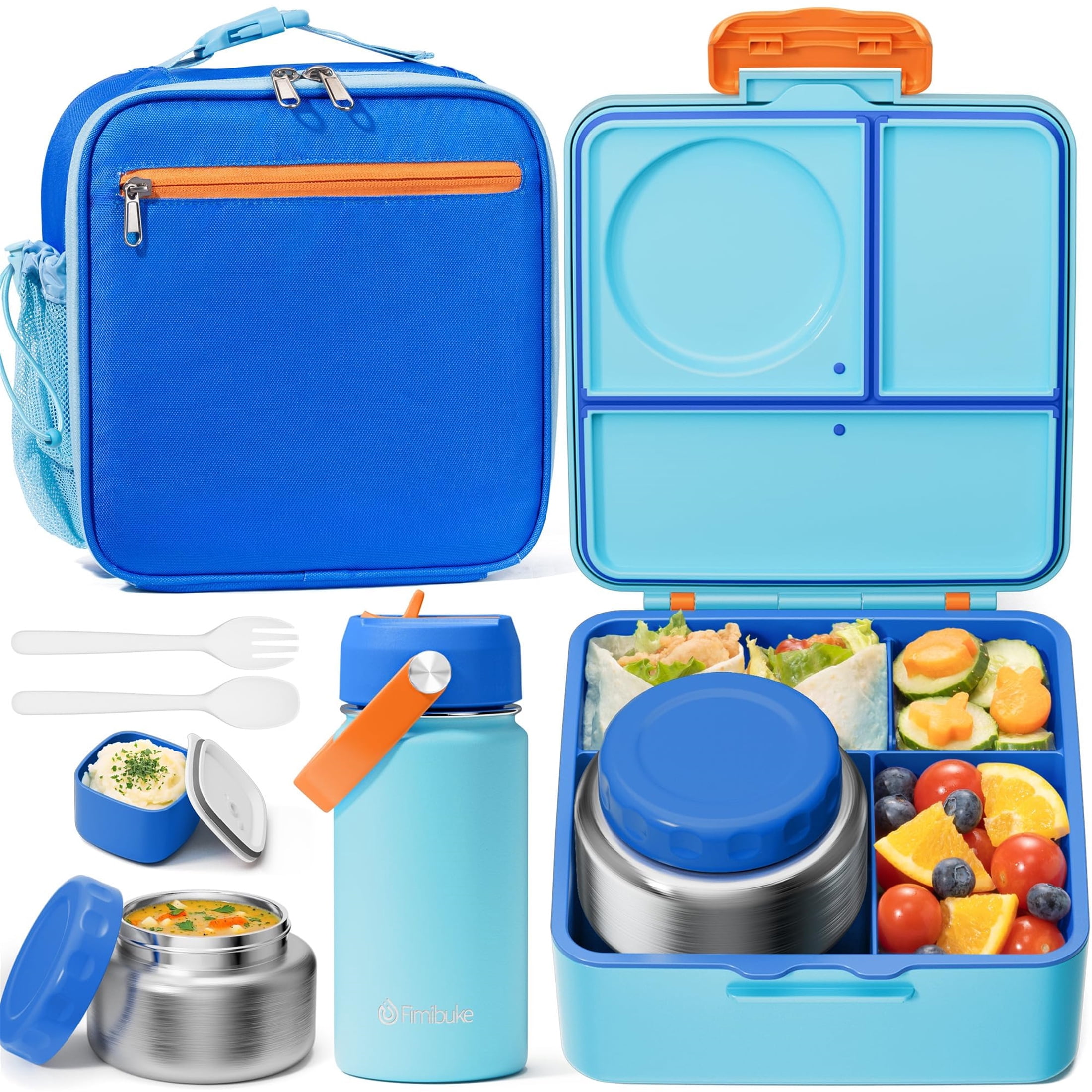 Bento Lunch Box Set for Teen Adult, Lunch Food Container 3-4 Compartment with 14 OZ Water Bottle, Food Jar, Insulated Lunch Bag, Sauce Cup, Utensils, Ocean Blue