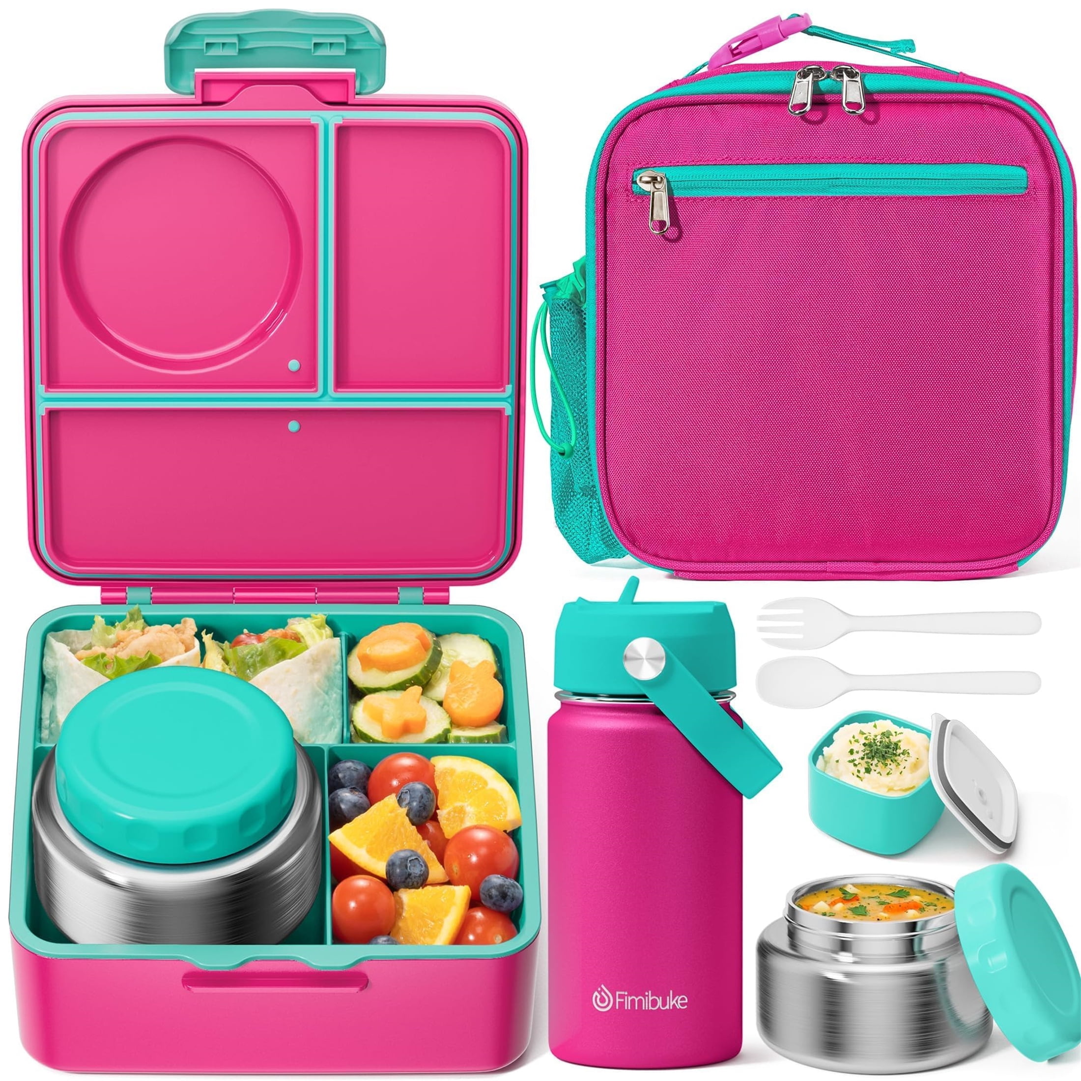 Bento Lunch Box Set for Teen Adult, Lunch Food Container 3-4 Compartment with 14 OZ Water Bottle, Food Jar, Insulated Lunch Bag, Sauce Cup, Utensils, Red & Green