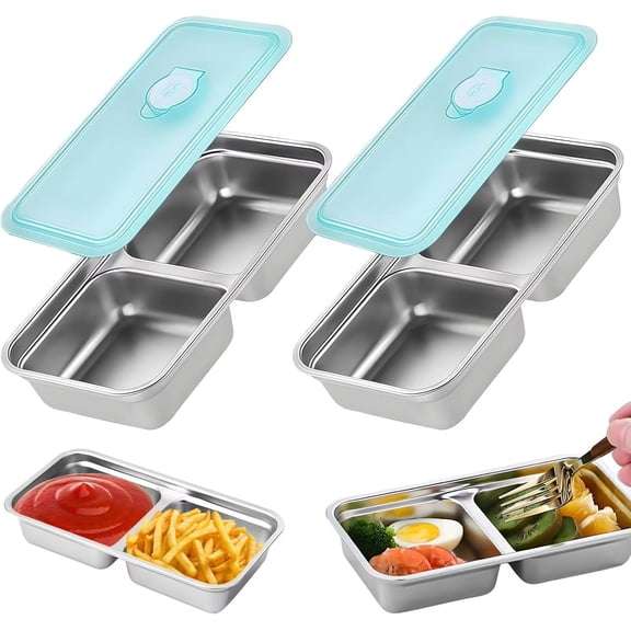Bento Lunch Box Snack Container with Dividers for Adults,2-Pack AILKIN 300ML Bento Snackle Box Containers Lunchable Stainless Steel Food Storage Containers Tray with Lid Dishwasher Safe