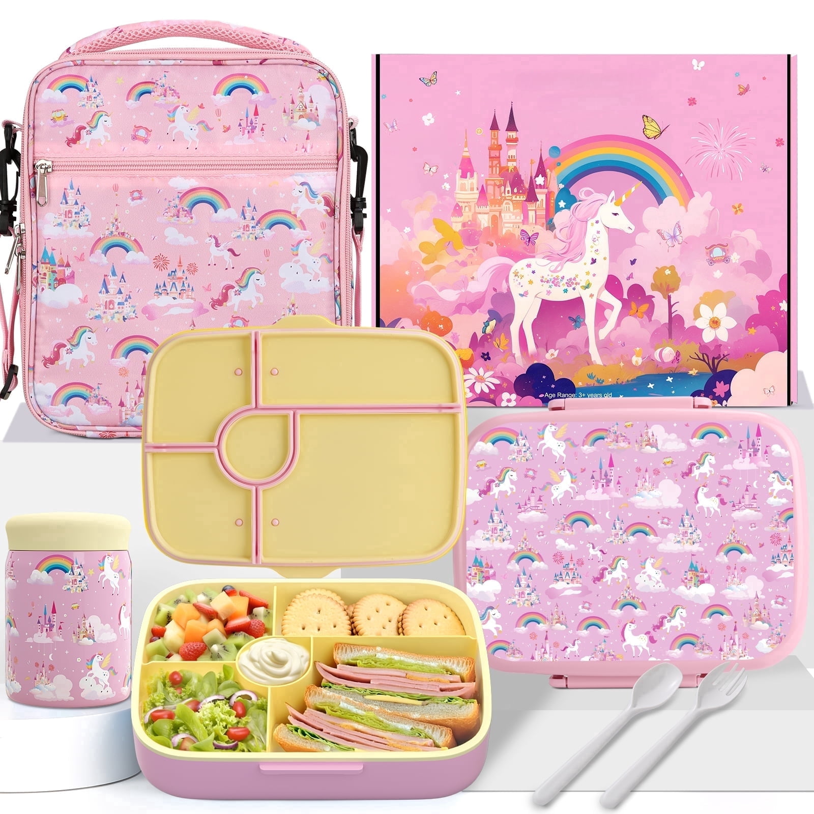 TeSabMi Bento Lunch Box for Kids Insulated Bento Box with Leak Proof Thermos Food Jar Pink Unicorn