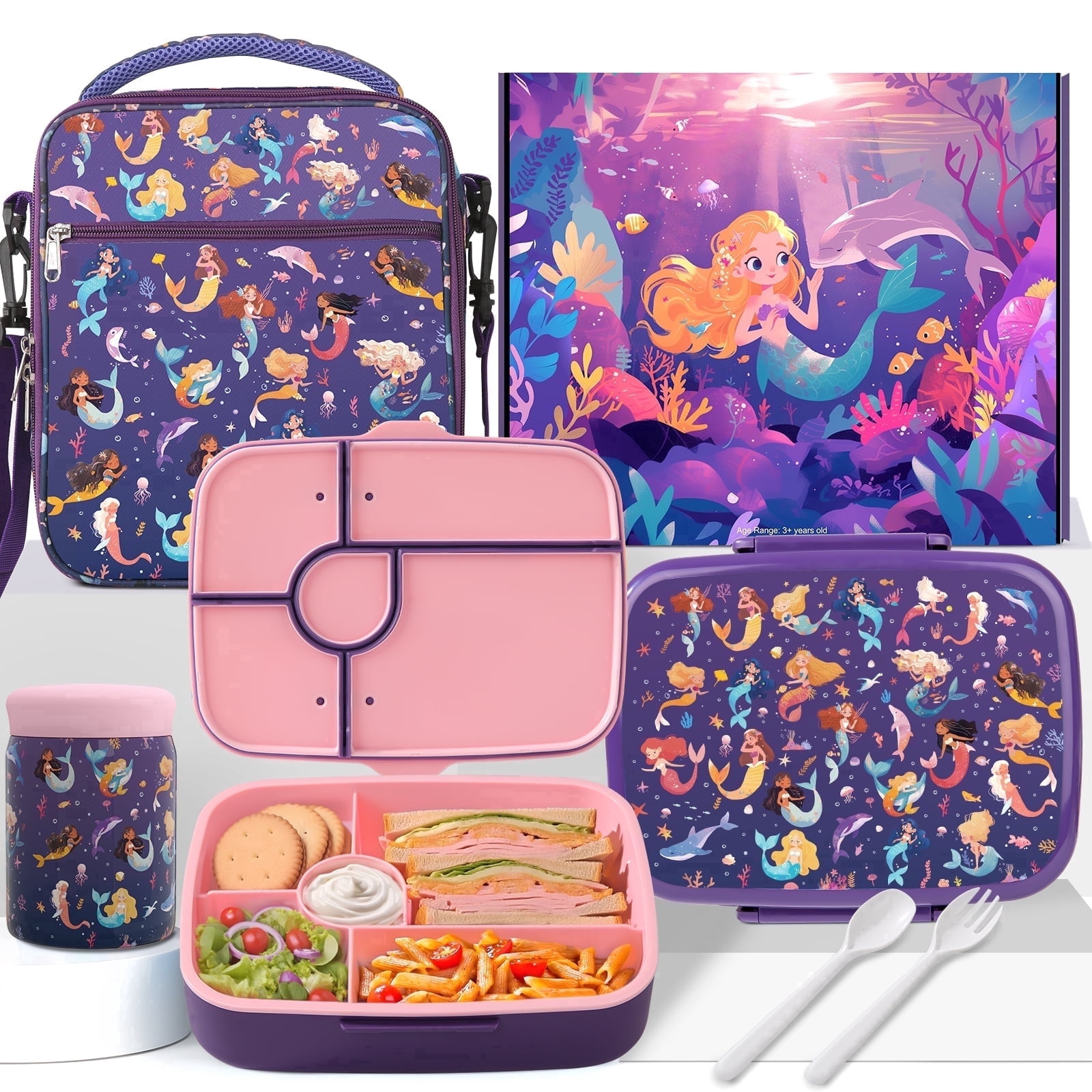 TeSabMi Bento Lunch Box for Kids Insulated Bento Box with Leak Proof Thermos Food Jar  Purple Mermaid