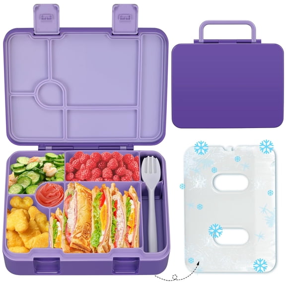 Bento Lunch Box With Ice Pack 5 Compartments Leak-proof Utensils 5.5-cup Capacity For Adults & Ages 8+ Bpa Free Microwave Dishwasher Safe Purple