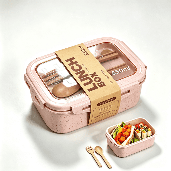 Bento Lunch Box for Adults - Plastic Microwave Safe Food Container with Fork and Spoon - Portable Meal Prep Box for School Office Work - Straw Design