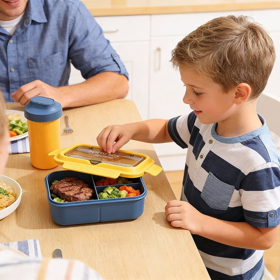 Bento Lunch Box for Adults with 2-Tier Compartments, Fork Spoon and Cup, 1200ml Microwave Leakproof BPA Free Food Container for Work or School