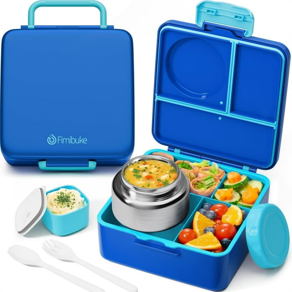 Bento Lunch Box, Leak-Proof Lunch Food Container 3-4 Compartments with 8OZ Thermos Soup Food Jar (Ocean Blue)