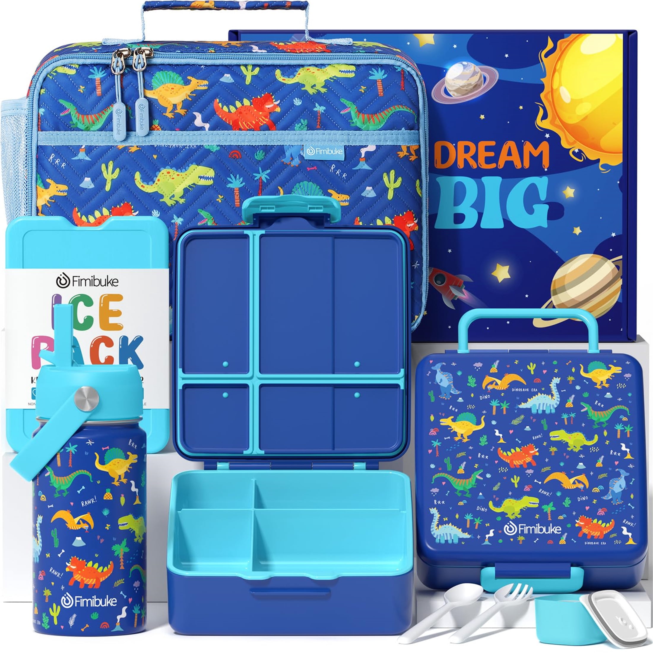 Bento Lunch Box with 4 Compartments, Insulated lunch Bag, 14oz Stainless Steel Water Bottle, Ice Pack, Utensils Set (Blue Dinosaur])