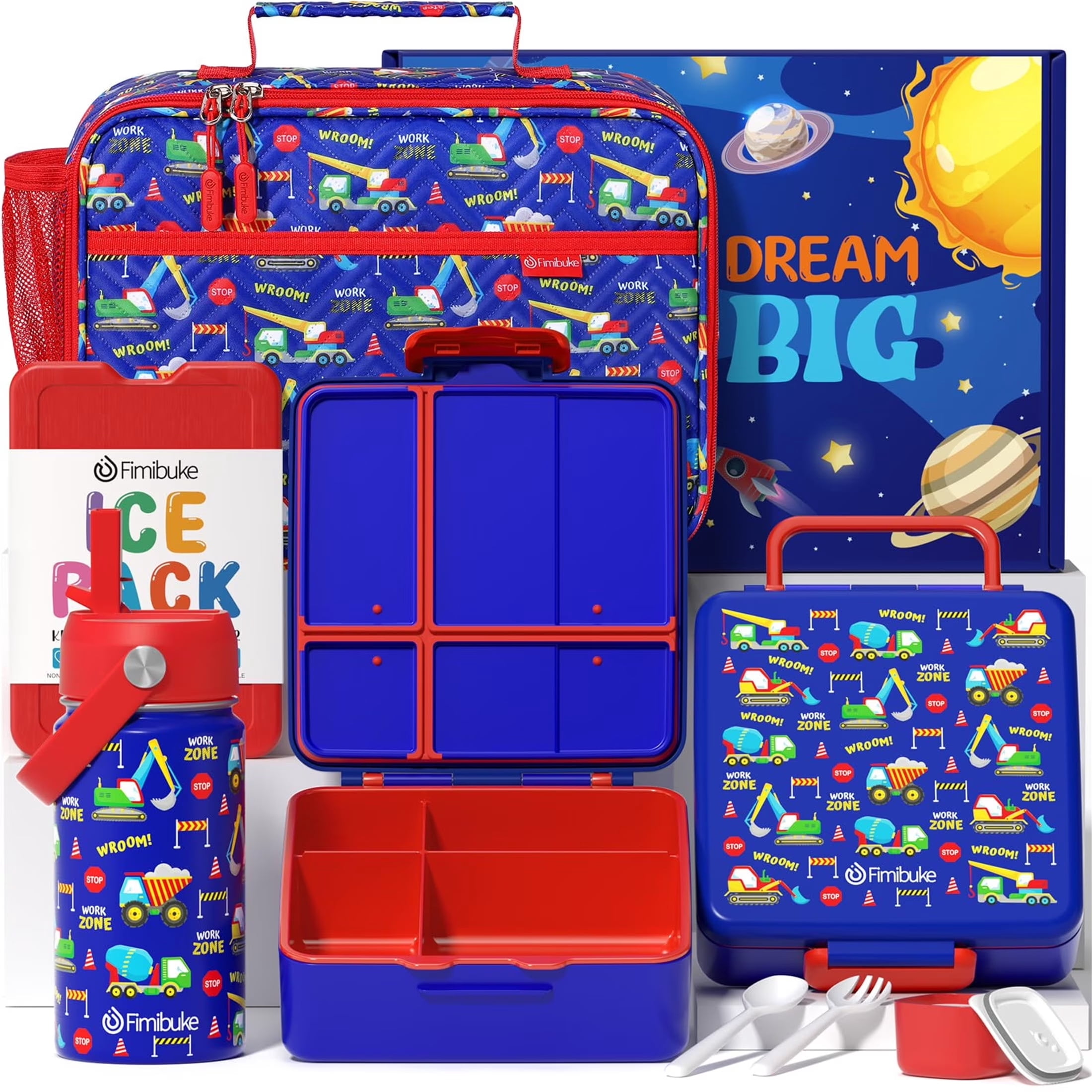 Bento Lunch Box with 4 Compartments, Insulated lunch Bag, 14oz Stainless Steel Water Bottle, Ice Pack, Utensils Set (Construction Trucks)