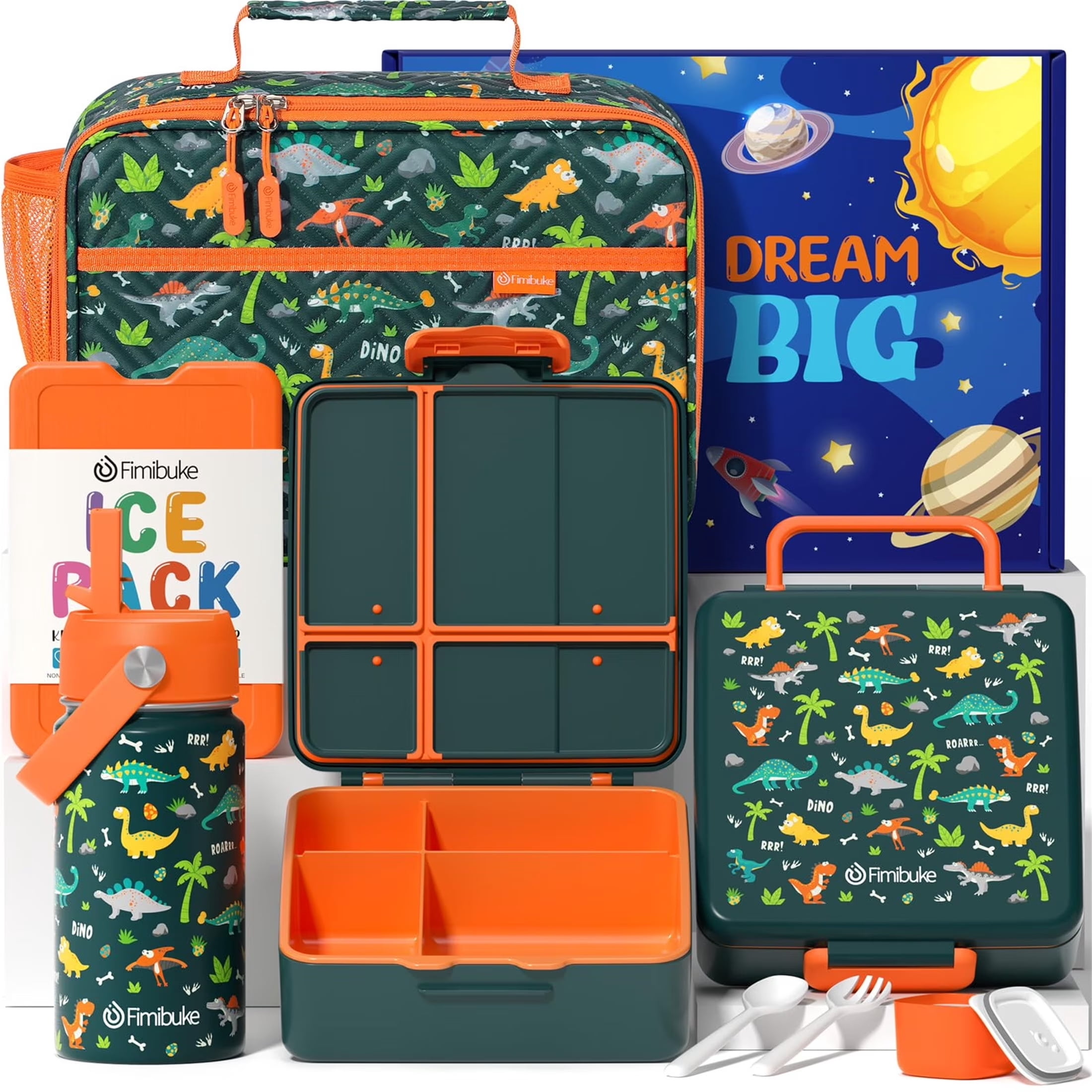 Bento Lunch Box with 4 Compartments, Insulated lunch Bag, 14oz Stainless Steel Water Bottle, Ice Pack, Utensils Set (Green Dinosaur)