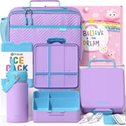 Bento Lunch Box with 4 Compartments, Insulated lunch Bag, 14oz Stainless Steel Water Bottle, Ice Pack, Utensils Set Purple Blue