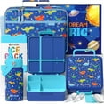 thumbnail image 1 of Bento Lunch Box with 4 Compartments, Insulated lunch Bag, Stainless Steel Insulated Water Bottle, Ice Pack & Utensils Set, Blue Dinosaur, 1 of 8