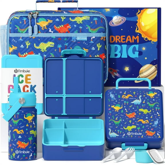 Bento Lunch Box with 4 Compartments, Insulated lunch Bag, Stainless Steel Insulated Water Bottle, Ice Pack & Utensils Set, Blue Dinosaur
