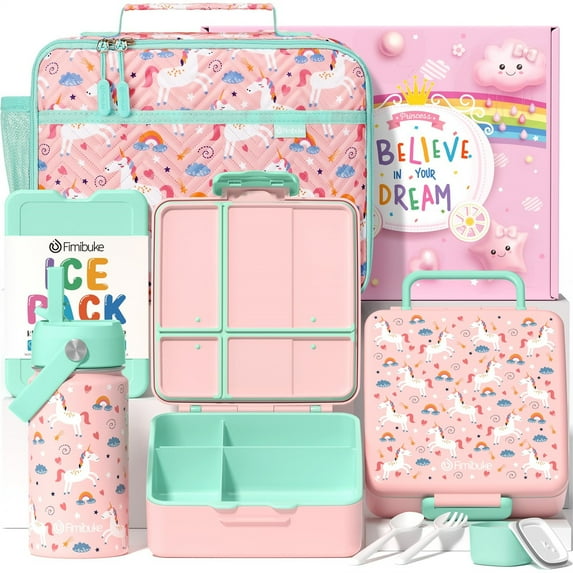 Bento Lunch Box with 4 Compartments, Insulated lunch Bag, Stainless Steel Insulated Water Bottle, Ice Pack & Utensils Set, Unicorn